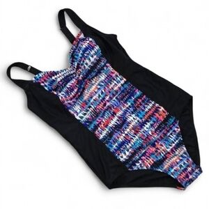 KRISTA Women's One Piece Swimsuit Black Multi Color Front Panel High Back 18W
